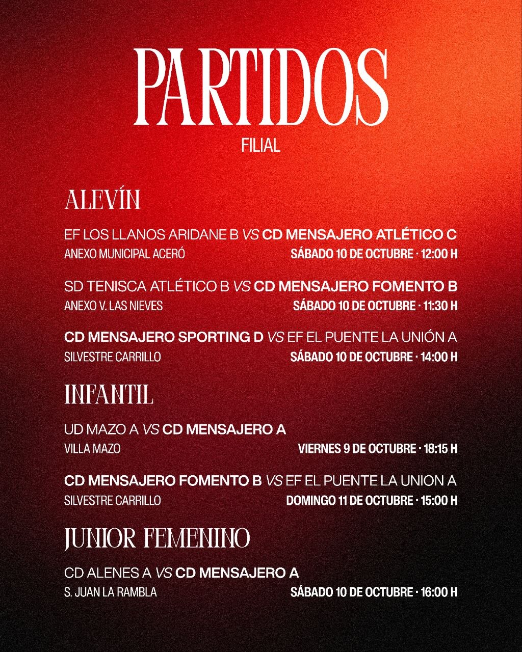 Partidos previstos de los equipos alevín, infantil y júnior femenino del CD Mensajero