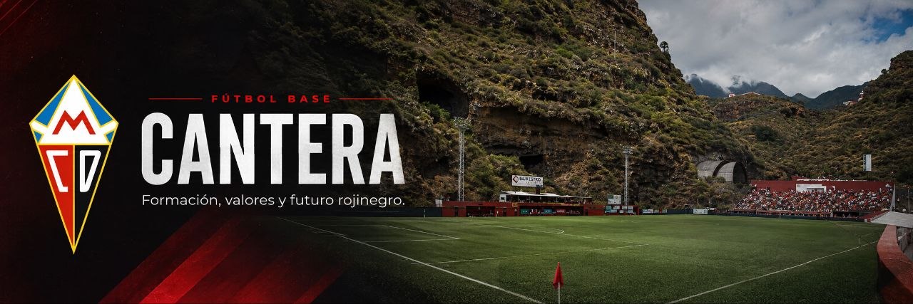 Banner de la cantera del CD Mensajero, con el escudo, el estadio y el paisaje de La Palma