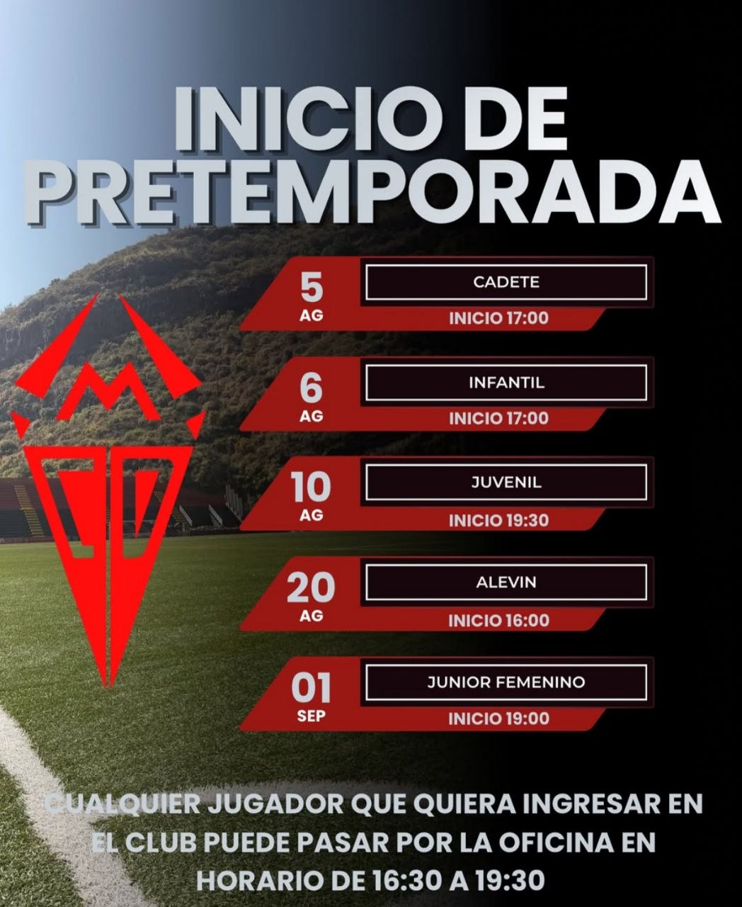 Cartel del inicio de pretemporada de la cantera del CD Mensajero, con fechas y horarios de las categorías