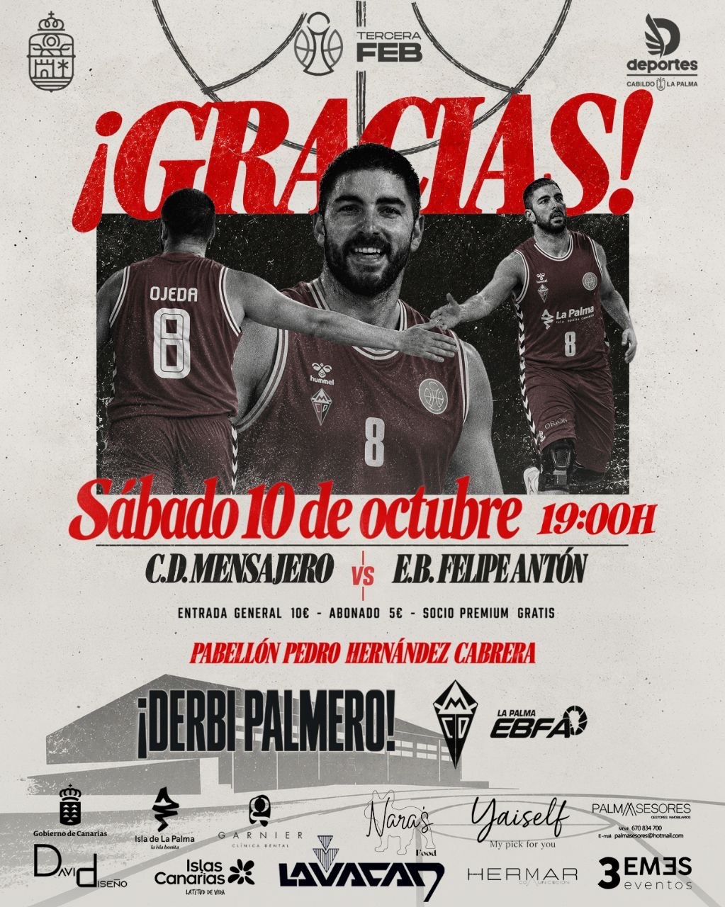 Cartel del derbi de Tercera FEB entre el CD Mensajero y el E.B. Felipe Antón, sábado 10 de octubre a las 19:00 h