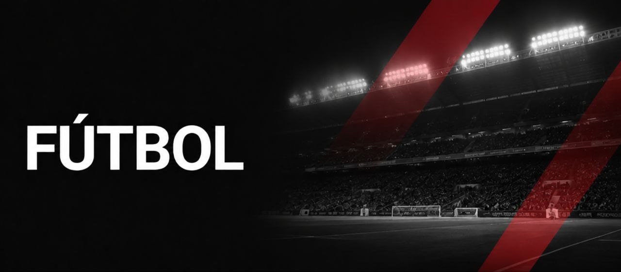 Banner de Fútbol del CD Mensajero, con un estadio iluminado y franjas rojas