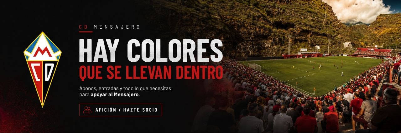 Banner de afición y hazte socio del CD Mensajero, con el escudo, la afición y el estadio