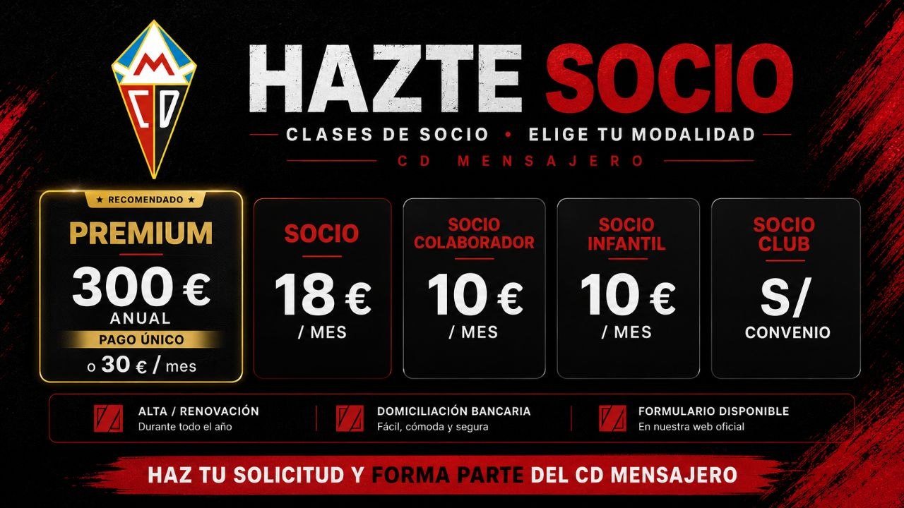 Banner de hazte socio del CD Mensajero con las modalidades y cuotas disponibles